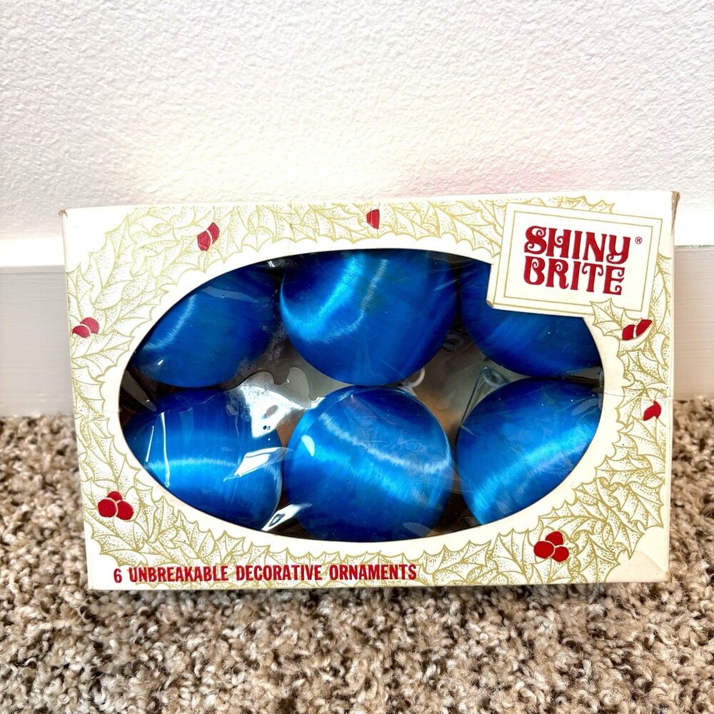 6 Vintage Shiny Brite Blue Satin Sheen Christmas Ornaments Unbreakable In Box